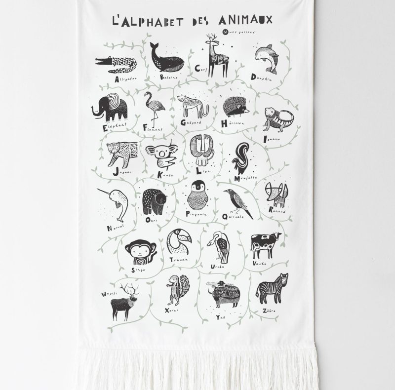 animal alphabet french printed tapestry nursery wall art