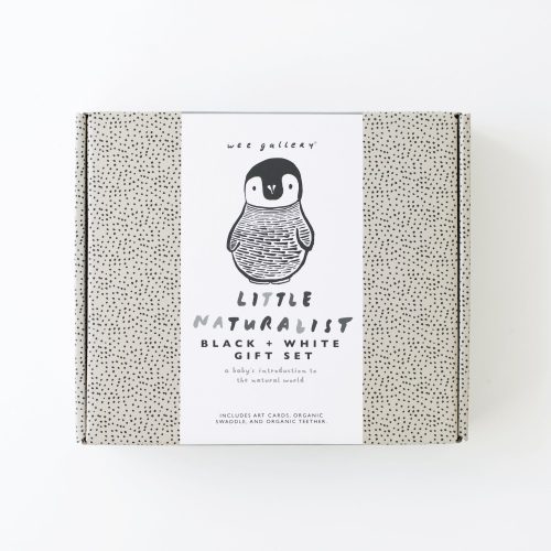 wee gallery gift set for newborn black and white animals organic swaddle teether contrast cards 1