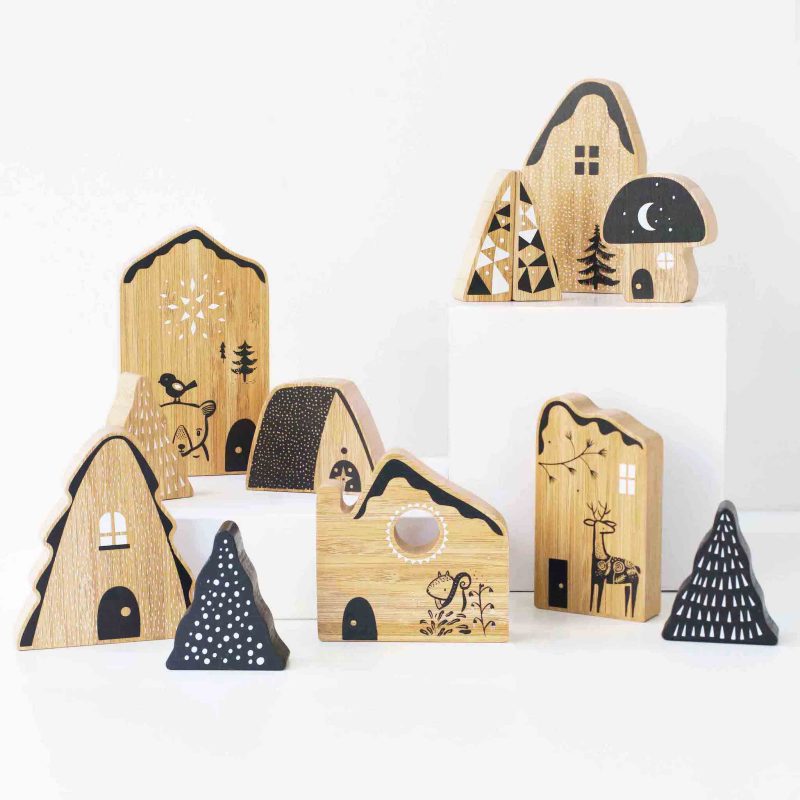 woodland village wooden house and trees blocks toy decoration play set 2